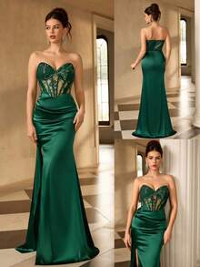 Women's Formal Long Evening Gown With Embroidered Mesh And Satin Fabric (Heavily Embellished) - Dark Green - View 1