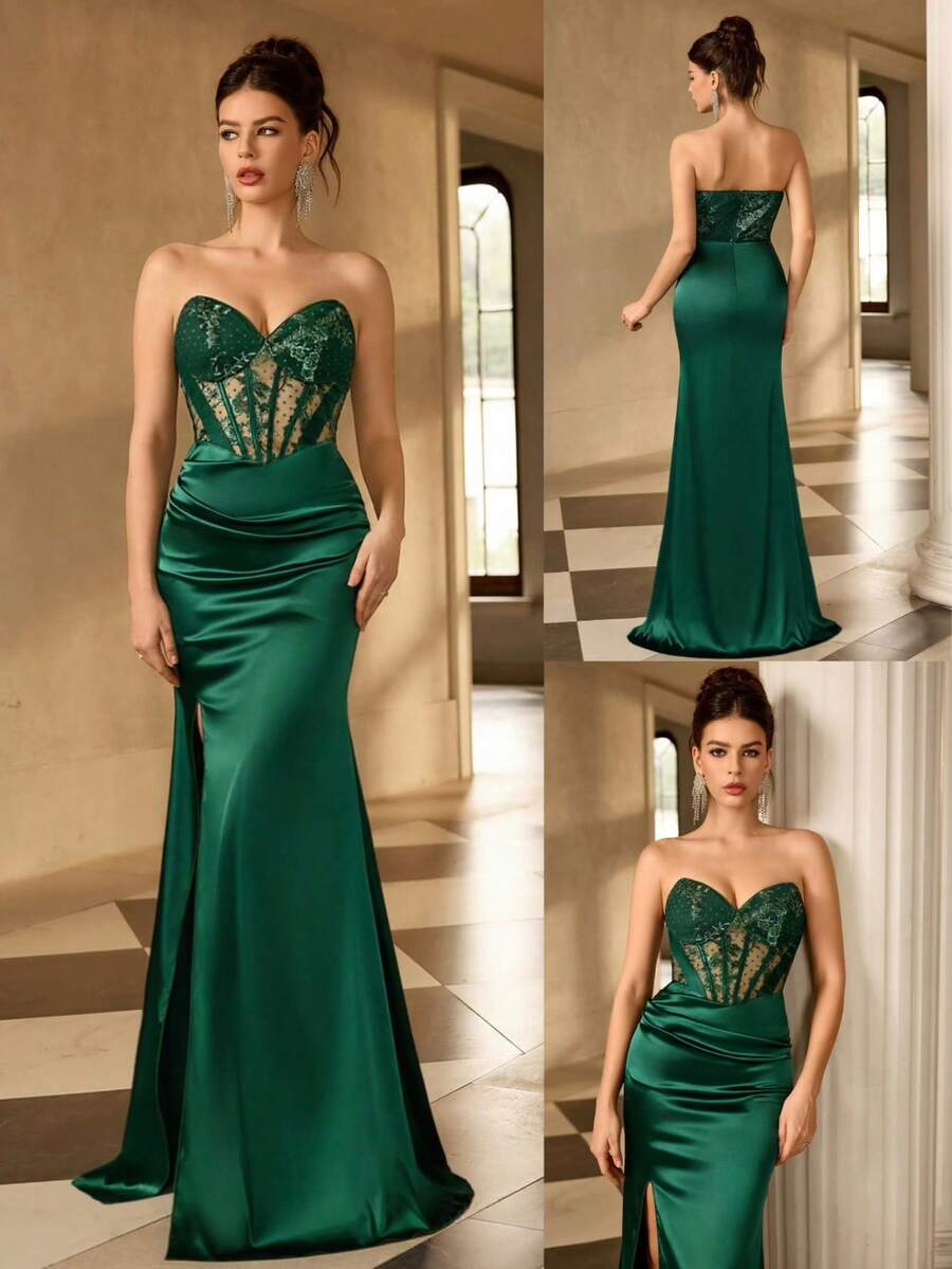 Women's Formal Long Evening Gown With Embroidered Mesh And Satin Fabric (Heavily Embellished) - Dark Green - View 1