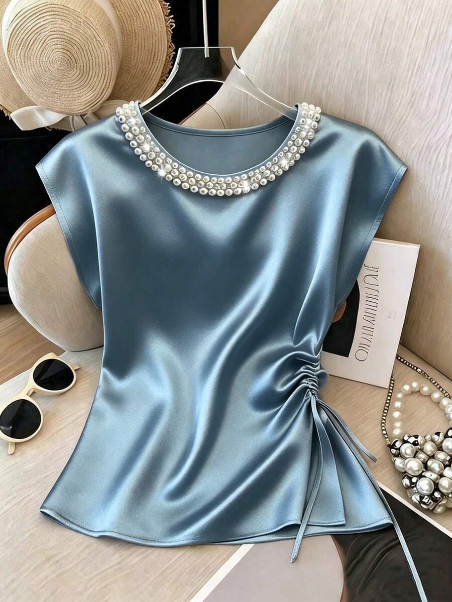 Franclia Áo thun không tay dáng rộng, thanh lịch, cổ ngọc trai kiểu Pháp, chất liệu satin, eo cao, thích hợp mặc thường ngày và đi nghỉ mát, mùa xuân/hè. - Màu xanh bụi bặm - Xem 1