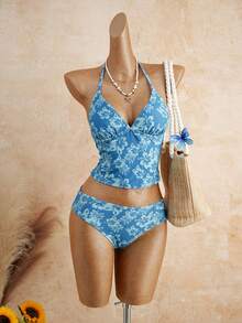 SHEIN Swim Vcay Bộ đồ hai mảnh gồm áo ba lỗ và bikini màu xanh bạc hà in hoa dành cho nữ, mã 26SS, thích hợp cho kỳ nghỉ hè. - Nhiều màu - Xem 6