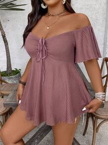 SHEIN VCAY Blus/Kemeja Wanita Ukuran Besar Gaya Vintage Kasual untuk Liburan Musim Semi/Panas di Pantai, Boho, Motif Jacquard Bergaris, Bahu Terbuka, Tali Serut, Warna-warni - MultiWarna - View 6