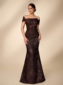 Serin Plus Size Elegant Luxurious Coffee Off Shoulder Fitted Mermaid Hem Dress, Suitable For All Formal Occasions, Mother Of The Bride Gown - Coffee Brown - View 2