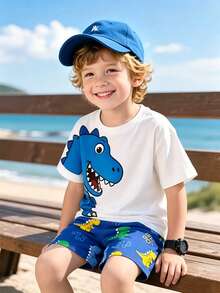2pcs/Set Young Boys Cute Dinosaur Pattern Outfit,Soft White Short Sleeve Tee & Shorts Sports Set,Perfect For Summer,Beach,Holiday,Fashionable Casual - Multicolor - View 2