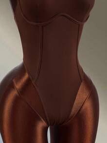 Amplova Solid Color Spaghetti Strap Sleeveless Fitted Jumpsuit, Summer Brown Going Out Workout Exercise, Fitness, Running Summer Autumn Gym Backless Sexy Daily Wear - Brown - View 6