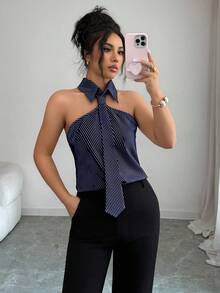 EMERY ROSE Camisa de rayas casual y de uso diario para mujer, simple y versátil de moda para el verano - Azul Marino - Ver 6