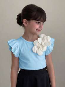 SHEIN Camiseta casual con cuello redondo, aplicación de color contrastante y volantes para niña - Celeste - Ver 6
