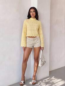 SHEIN Camisa casual versátil de uso diario con cuello alto y bordado para mujer - Amarillo - Ver 6
