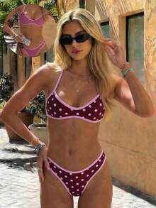 Swim Mod 女士夏季新款波点条纹双面抹胸比基尼，时尚沙滩度假泳装 - 彩色 - 查看 1