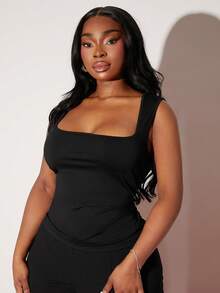 Radiana Plus Size Casual Solid Color Fitted Tank Top, Summer Black - Black - View 4