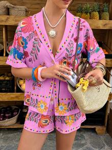 Louniche Pink Floral Summer Boho Beach Vacation Holiday White Two Pieces Set,Colorful Floral Prints Short-Sleeve Blazer & Shorts,Gold Button Accents,Holiday - Multicolor - View 3