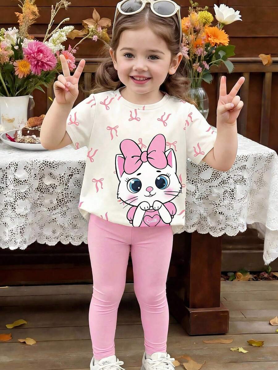 一套女婴休闲可爱蝴蝶结小猫印花短袖T恤搭配纯色打底裤,适合夏季外出,粉色T恤套装 - 彩色 - 查看 1