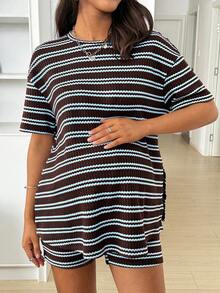 SHEIN Bộ 2 món áo thun và quần short kẻ sọc dành cho bà bầu. - màu nâu - Xem 4
