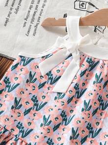 SHEIN Genkimix Kids Vestido de niña pequeña elegante y dulce para vacaciones con bordado floral, volantes de 3 niveles y lazo, estilo francés campestre, para primavera/verano - Rosa - Ver 4