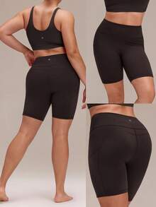 GLOWMODE 8" Plus Size FeatherFit™ All Day Sculpt Buttery-Soft High Rise Biker Shorts With Side Pockets Yoga Pilates Studio Daily Wear - Coffee Brown - View 9