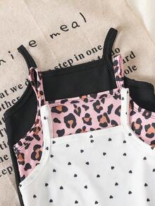 SHEIN Bộ đồ đôi cho bé gái và mẹ, kiểu dáng thường ngày, dễ phối đồ, gồm áo hai dây và quần legging ôm sát, chất liệu gân, màu đen + xám tro + họa tiết da báo. - Nhiều màu - Xem 3