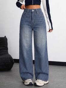 SHEIN ICON 女士高腰条纹口袋宽松休闲牛仔裤 - 深色水洗藍 - 查看 4