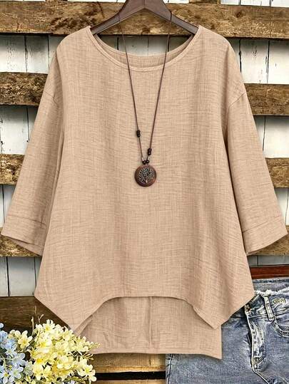 EMERY ROSE Plus Size Women Solid Color Round Neck Drop Shoulder Loose High Low Hem Blouse
