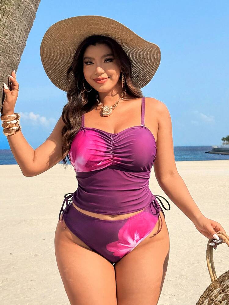 SHEIN Swim Vcay Bộ bikini 2 mảnh cỡ lớn mùa xuân/hè 2026 mới, họa tiết hoa tím, áo quây có dây đeo rời và quần tam giác, thích hợp cho đi biển, hẹn hò, lễ hội âm nhạc, tiệc bãi biển. - Nhiều màu - Xem 4