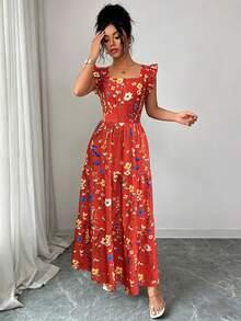 dfgElenzga Vestido de mujer con cuello cuadrado, cintura ceñida y mangas de campana, con estampado multicolor.Elegante y sofisticado, adecuado para el Día de San Valentín, Pascua, Carnaval, Día del Trabajo, regalos de cumpleaños, citas, fiestas, ocasiones formales, atuendos de maestro, viajes, primavera/veranoafd USEW - Multicolor 2 - Ver 6