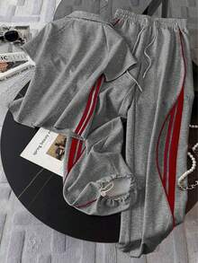 Resyla Stand Collar Raglan Short Sleeve Top + Casual Pants Set - Dark Grey - View 2