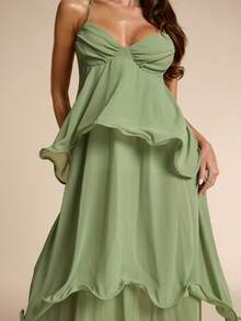 SHEIN BAE Elegant Sage Green Chiffon Halter Neck Bustier Dress,Summer Tropical Ruffled Evening Gown,Cocktail Party Wedding Bridesmaid Formal Birthday Dress - Green - View 7