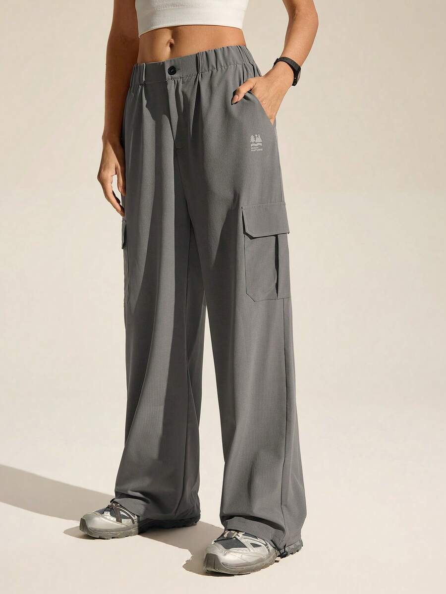 In My Nature Women's Elastic Waist Flap Pocket Cargo Pants, Suitable For Sports And Outdoor Activities - Grey - View 1