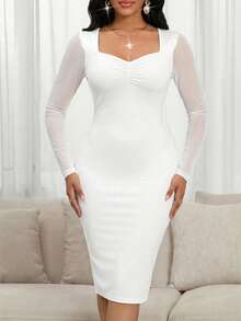 SHEIN Lady 女士优雅修身中长连衣裙，白色 - 白色 - 查看 3