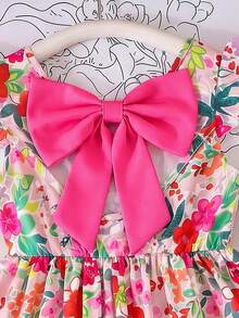 Elladie kids Vestido elegante con estampado floral rosa para niñas, estilo hada de verano, manga volada, espalda abierta con lazo, cintura con lazo, a juego para vacaciones familiares, vestido de viaje de vacaciones - Rosa - Ver 8