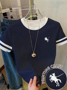 Bộ 3 món cho bé gái tuổi teen: Áo thun ngắn tay in hình hiệp sĩ, nơ thắt cổ, áo thun đỏ phối màu xanh navy, xanh dương và trắng, trang trí ngọc trai giả, kiểu dáng đa năng thích hợp cho đi chơi, thường ngày và dự tiệc. - Nhiều màu - Xem 6