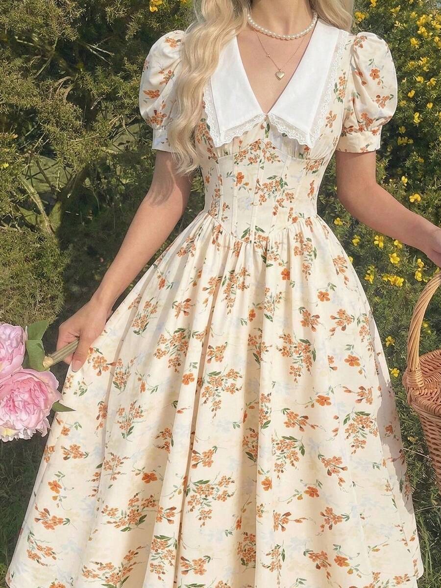 SHEIN MOD 女士复古印花收腰花瓣袖中长连衣裙 - 彩色 - 查看 1