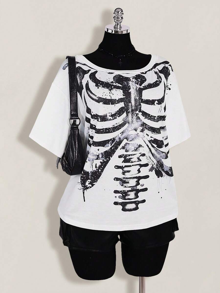 SHEIN ICON 大码女式骷髅图案T恤 - 白色 - 查看 1