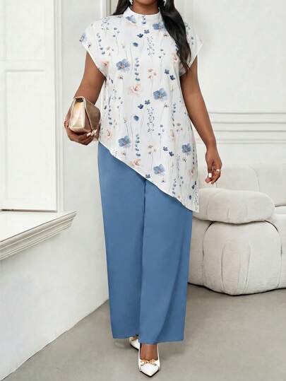 SHEIN Lady Áo kiểu nữ cỡ lớn in hoa, cổ đứng, vạt bất đối xứng, phong cách thường ngày.