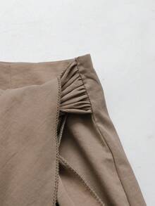 SHEIN Tall 女款純色百褶上衣與純色開衩設計休閒約會兩件套，適合高個女性 - 卡其色 - 查看 8