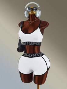 Amplova Ensemble de débardeur et short imprimé lettres pour femmes - Noir et Blanc - Voir 3