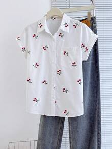 SHEIN Franclia 女士蓝色蝙蝠袖口袋休闲通勤衬衫，春夏款 - 白色 - 查看 3