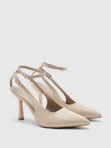 CUCCOO BIZCHIC Pointed Stiletto Apricot Mirror Ankle Strap Back Strap Women's High Heel Shoes Temperament Simple Fashion Versatile Commuter Dating Women's Shoes Women's Shoes - apricot patent leather - View 6