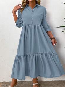 SHEIN LUNE Plus Size Solid Color Mid-Length Sleeve Ruched Front Button Simple Casual Dress, For Thanksgiving Maxi Women Outfit Fall - Dusty Blue - View 3