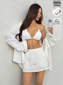 SHEIN PETITE Summer Resort Vacation Elastic Waist Rope Tie Beach Cover Up Mini Skirt - White - View 5