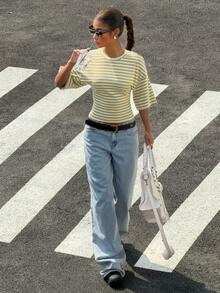 SHEIN PETITE CURVE 大码女式夏季新款条纹腰部短袖T恤 - 彩色 - 查看 6