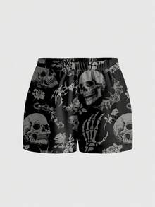ROMWE Skeleton Bone Chain Plant Gothic Dark Mysterious Loose Black Plus Size Women Shorts - Black - View 1