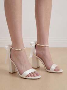 Eladyva Summer Fashion Pearl Bow Wedding Party Shoes, Sexy Round Toe Soft Leather Thick Heel White Sandals, Elegant Minimalist Women High Heel Sandals Spring Shoes Bride Shoes Wedding Shoes Summer Shoes - Apricot - View 3