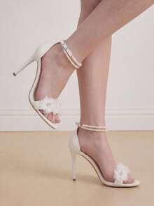 11.3cm Super High Heel White Bridal Sandals, Elegant Floral, Fashionable & Versatile, Featuring Faux Pearl Strap,Spring Summer Outfits - White - View 4
