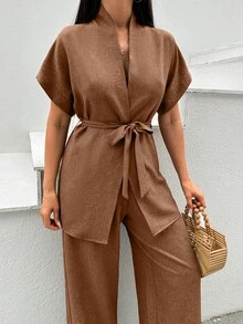 SHEIN Cottnline 女士纯色蝙蝠袖短袖衬衫和阔腿裤休闲宽松西装套装 - 棕色 - 查看 3