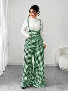 SHEIN Tall CURVE 大码女式格子口袋休闲百搭日常背带裤阔腿裤 - 墨綠色 - 查看 4