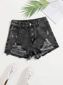 Breezaya Quần short denim rách gấu dành cho nữ cỡ lớn - Xám - Xem 1