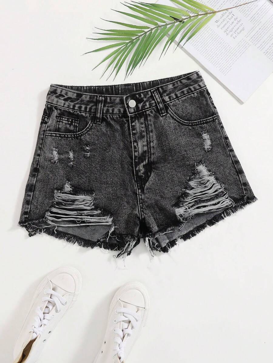 Breezaya Quần short denim rách gấu dành cho nữ cỡ lớn - Xám - Xem 1