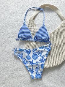 SHEIN Conjunto de bikini de tirantes con estampado de criaturas marinas azul y blanco para adolescentes, ideal para vacaciones de verano en la playa - Azul y blanco - Ver 2