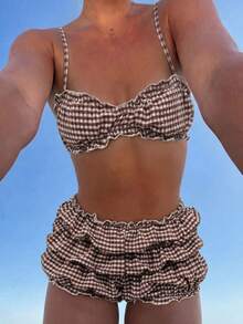 Swim Mod Conjunto de traje de baño sexy para mujer con parte superior de tirantes finos con estampado de lunares y espalda descubierta, y Bottom con volantes, para primavera/verano, atuendo de playa - Multicolor - Ver 4