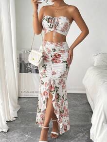 Pariaura Ditsy Floral Ruched Bandeau Top And High Slit Hem Skirt Set, French Romantic Ditsy Ditsy Floral Summer Outfit For Women - Multicolor - View 4