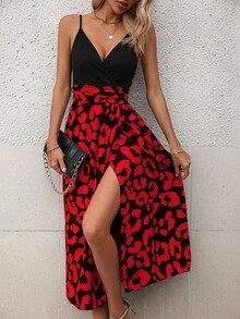 SHEIN Holidaya 豹纹开衩大腿吊带连衣裙长款女装 - 紅色 - 查看 5
